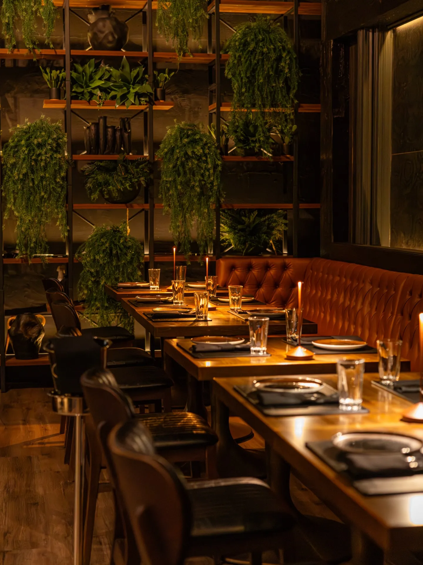 Intimate dining tables beneath hanging greenery at Francesco Martucci Wynwood