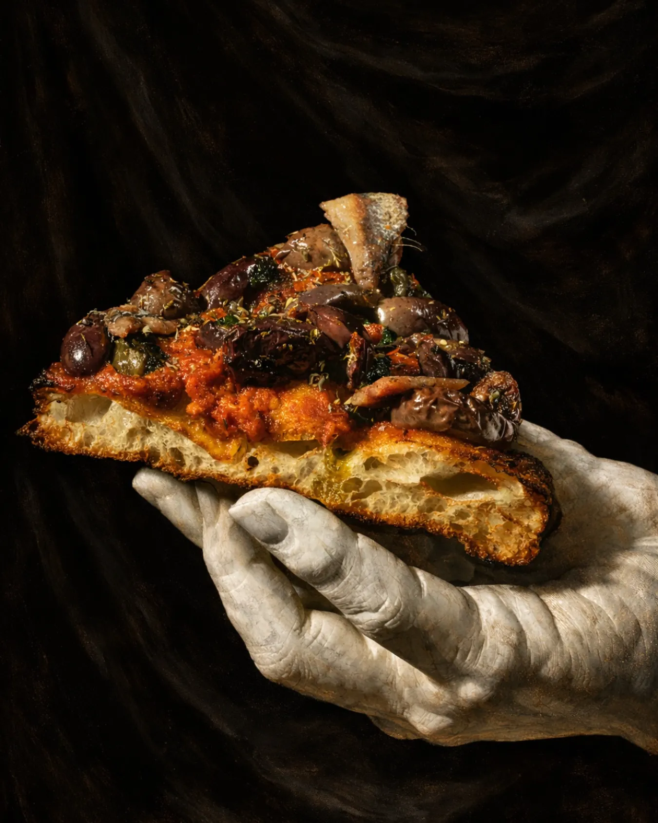 Slice of wood-fired pizza with olives presented on a sculpted hand